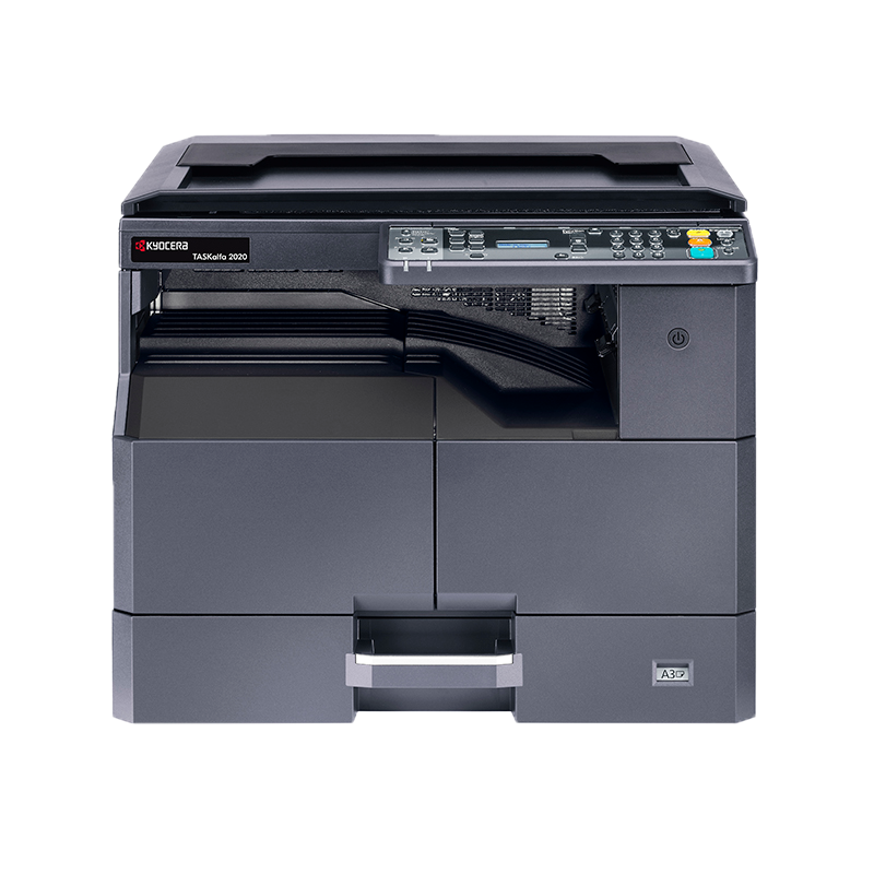 A sleek and modern Kyocera Taskalfa 2020 multifunction printer on a white background, showcasing its compact design and user-friendly interface.