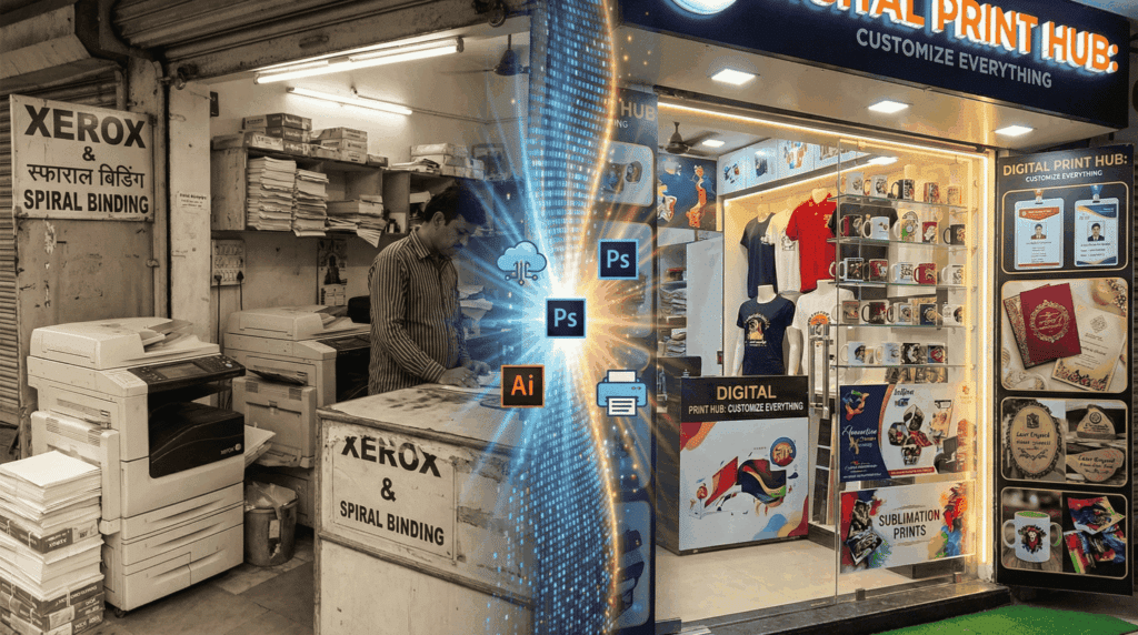 Photocopier shop transformation showing traditional xerox shop with spiral binding evolving into modern digital print hub with sublimation, custom t-shirts, mugs, and personalized products
