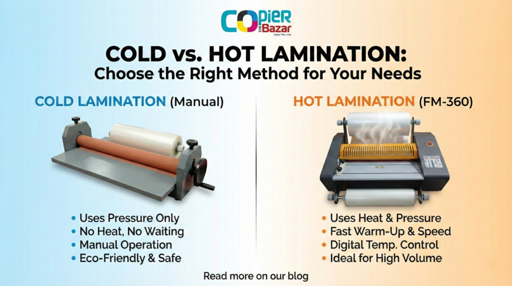 Cold lamination machine vs hot lamination machine side by side comparison for print shops in India