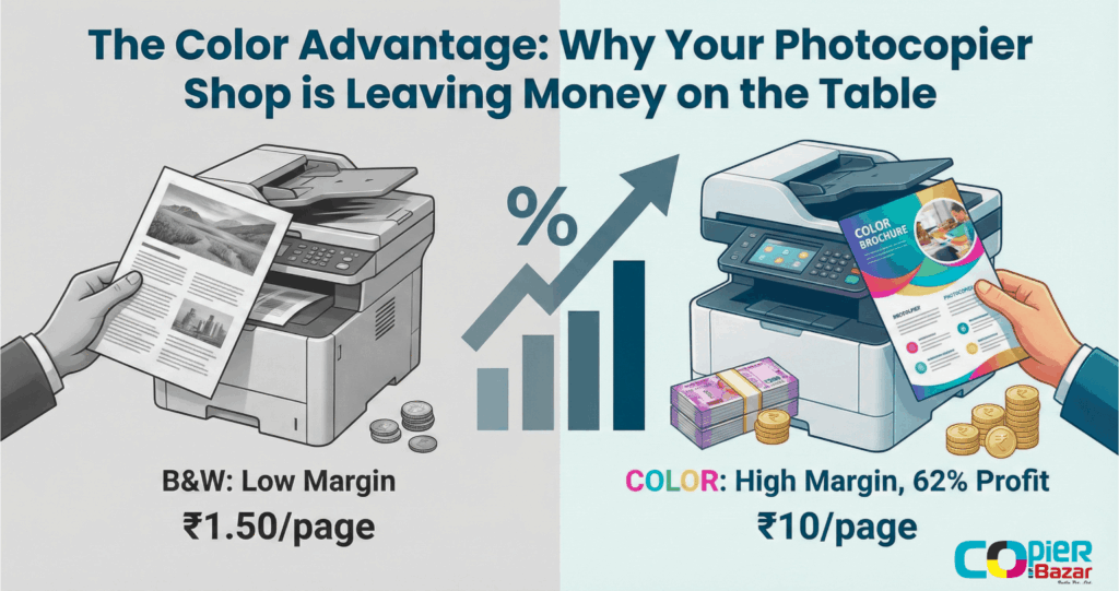 Color photocopier profit margin comparison showing revenue gap between color and black white printing services