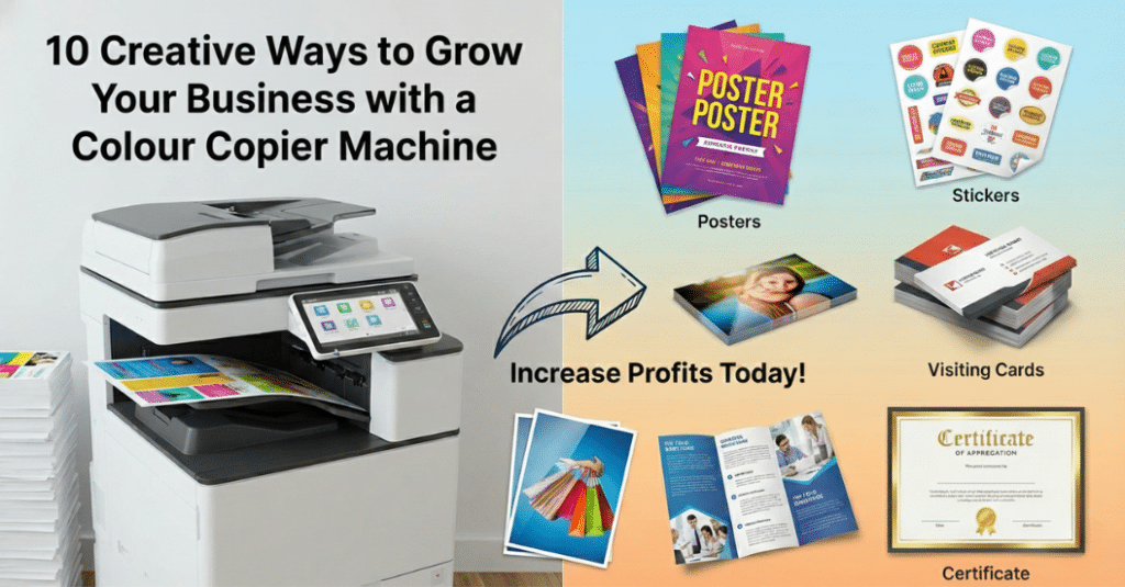 Colour copier machine printing posters visiting cards stickers and pamphlets for small business growth