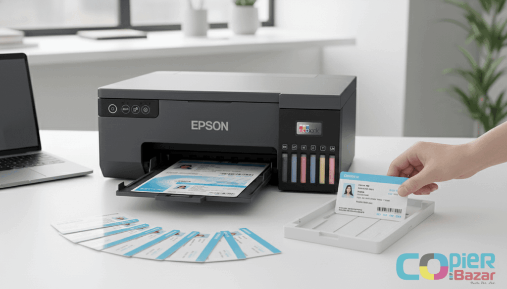 Epson printer printing PVC ID cards with hand holding completed employee card showing photo and barcode, stack of printed cards on office desk