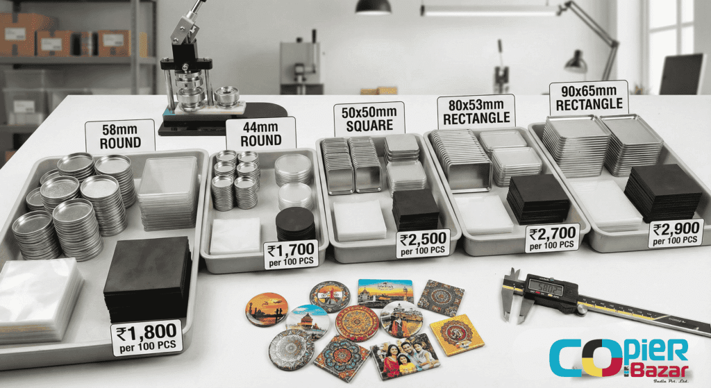 Fridge magnet raw materials in 5 sizes - 58mm, 44mm, 50x50mm, 80x53mm, 90x65mm with price tags ₹1,700-₹2,900 per 100 pieces