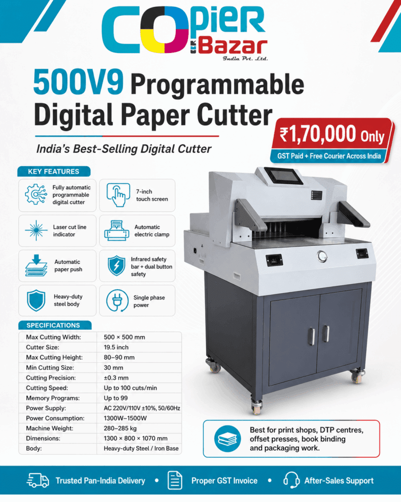 500V9 Paper Cutter fully automatic programmable digital paper cutting machine with 7-inch touch screen, 500mm cutting width and 90mm cutting height by CopierBazar India